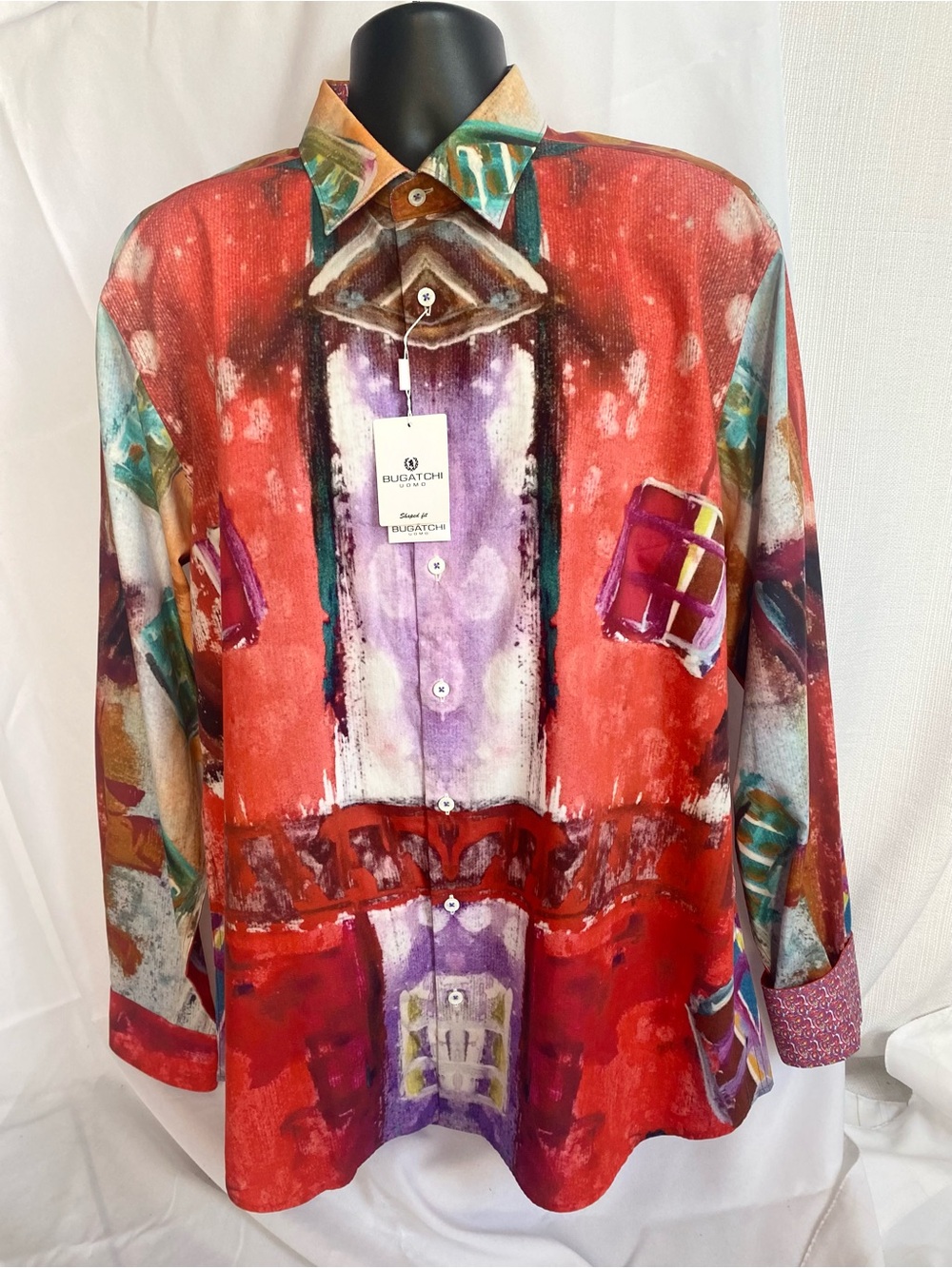 NEW $185 Bugatchi Men XXL Ruby Red Abstract Woven Luxury LS Button Down Shirt